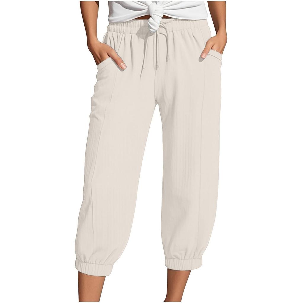 Women's Summer 3/4 Trousers Summer Trousers With Pockets Causal Loose Trousers Fabric Trousers Sport Leisure Beach Trousers