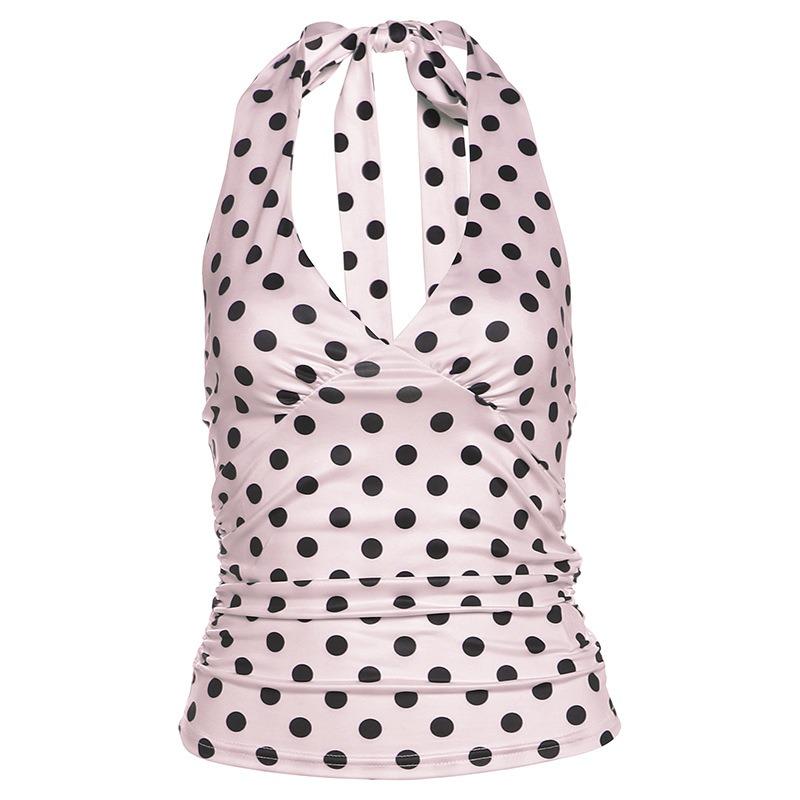 Новые женские топы-майки в горошек с лямкой на шею, сексуальные, с низким вырезом, облегающие, с открытыми плечами, без спинки, короткие топы, уличная мода, сексуальные, с драпировкой, элегантные наряды