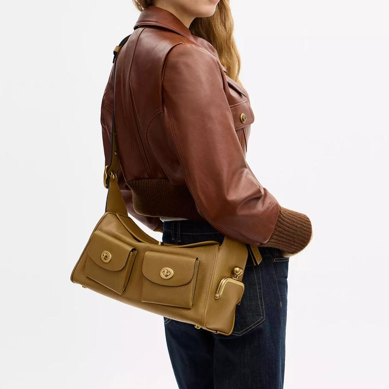 COACH Turnlock Backpack Bag Adjustable Shoulder Strap Calf Leather Shoulder Bag Women's Olive
