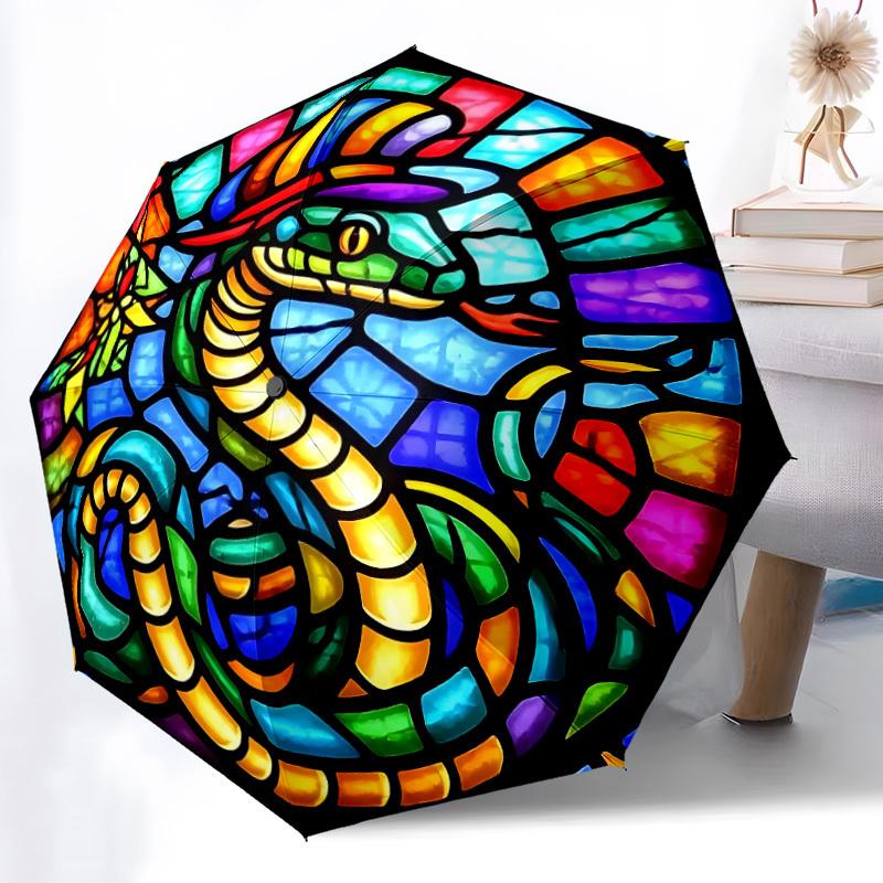 1pc Stained Glass Snake Automatic Folding Umbrella with 8-Rib Windproof Design, Portable Foldable Sunshade Umbrella For Halloween 126