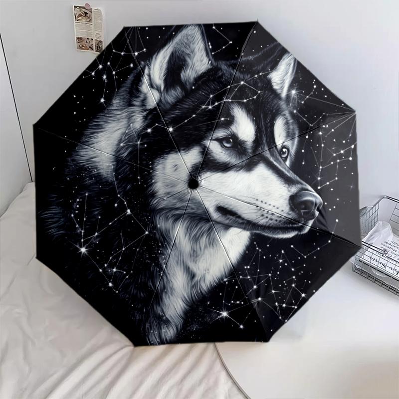 Black Husky pattern, automatic folding umbrella, portable and foldable design, 8 ribs, a Christmas or birthday gift.