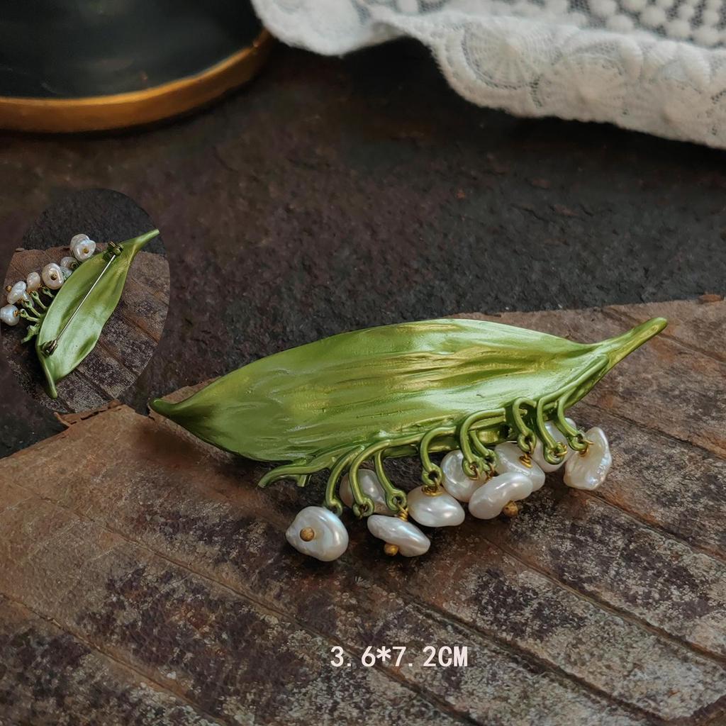 Vintage Lily of the Valley Pendant Brooch with Handmade Enamel Leaves Corsage Pin.