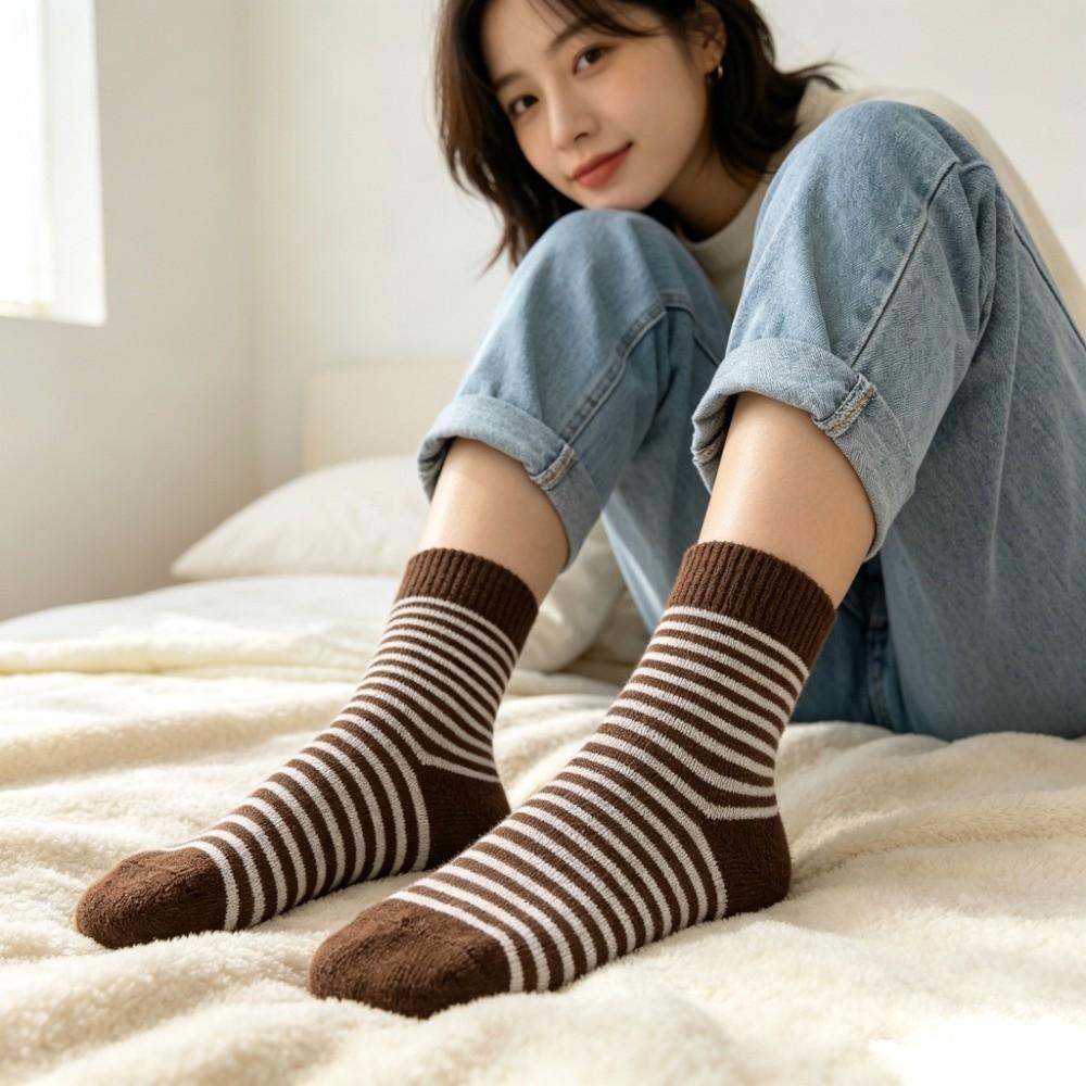 Thermal Fleece Lined Thick Crew Socks Striped Pattern Fleece Lined Socks Cold Weather