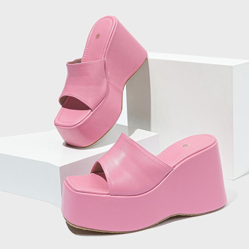 Liyke Designer Open Toe Wedges Slippers For Women Cozy Soft Pink Leather Chunky Platform Sandals Female Shoes High Heels Slides