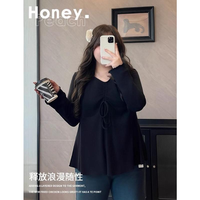 Women S Plus Size Drawstring V Neck Long Sleeve T Shirt Loose Fit Base Top