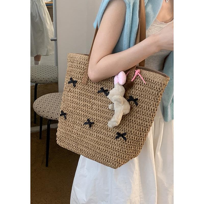 Fashionable Large-capacity Ladies' Backpack, Bow Tote Bag, Vacation-style Woven Bag