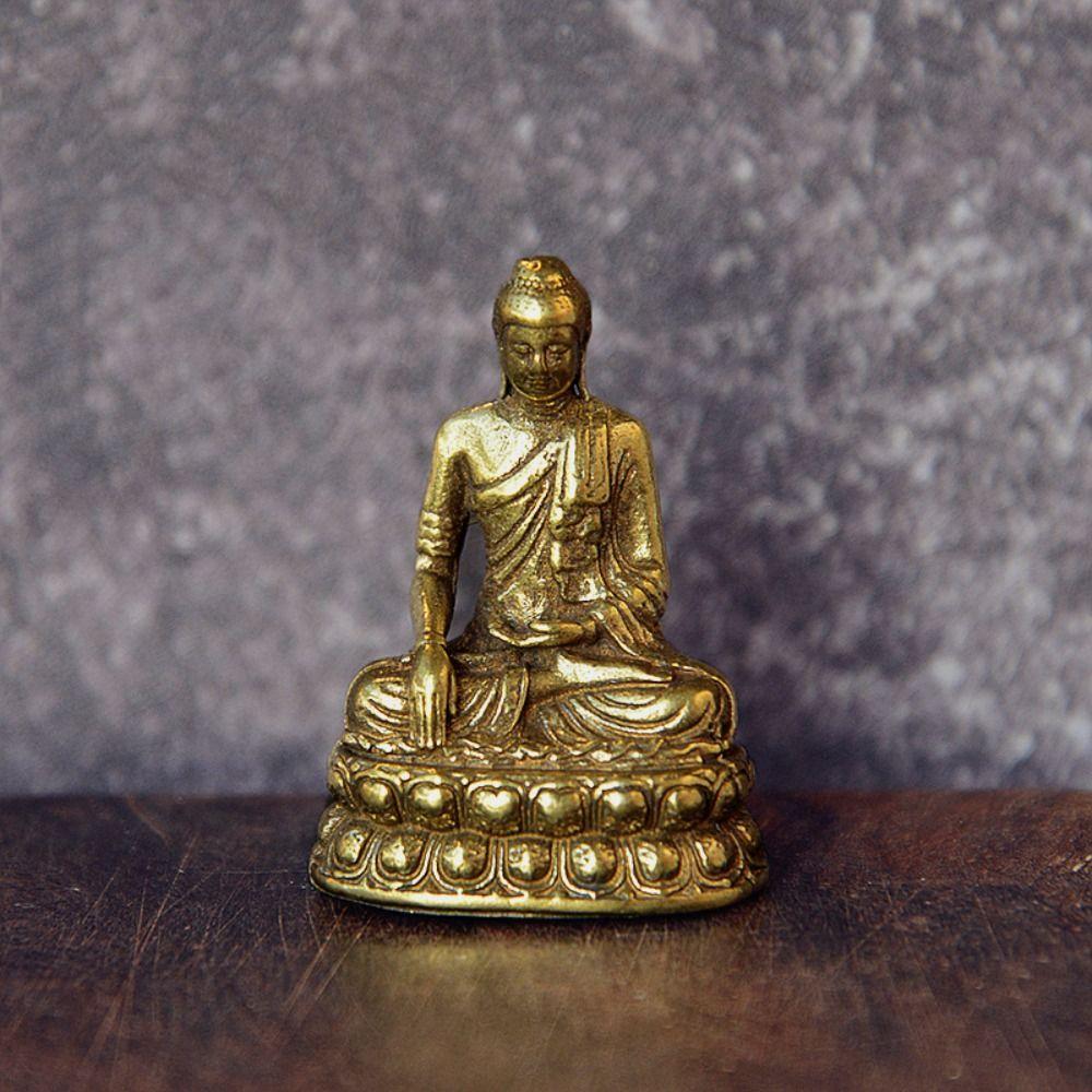 Vintage Brass Sitting Buddha Figurine Small Sakyamuni Statue for Collection Journey Worship Antique Home Desktop Decor