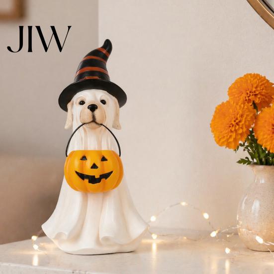 Cute Halloween Party Favors Ghost Dog Figurine, Wizard Hat Pumpkin Resin Statue, Tabletop Decor Festive for Entryway Bar Window Party, Lovely Holiday
