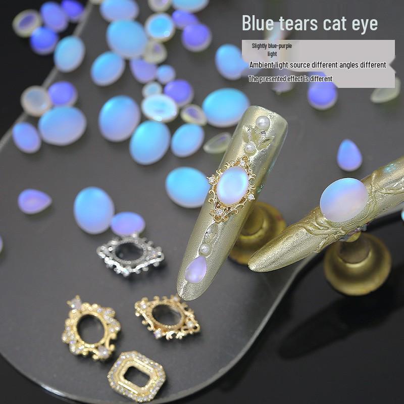 Синие каплевидные матовые драгоценности для нейл-арта «кошачий глаз» - Овальные драгоценные камни с плоской задней стороной для DIY украшения ногтей.