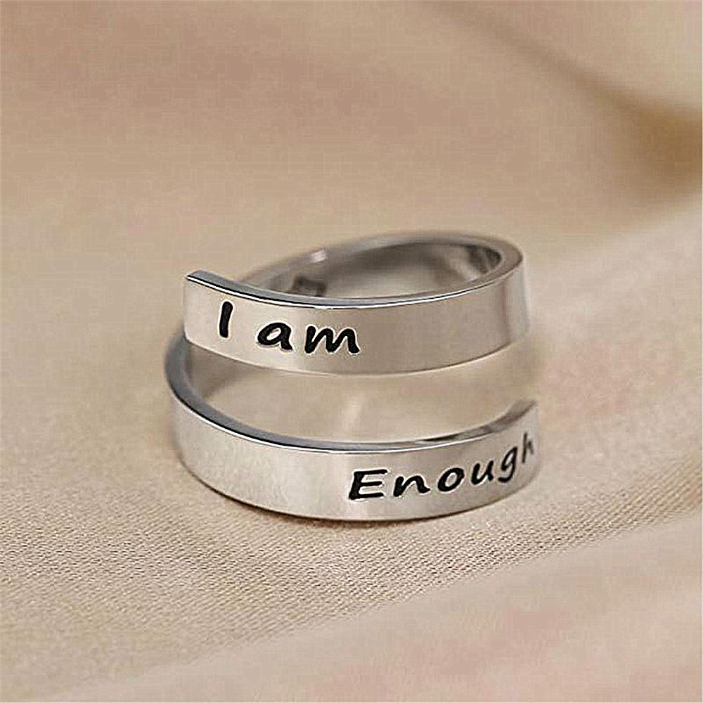 Кольцо с надписью I Am Enough, регулируемое, двухслойное, серебряное, вращающееся