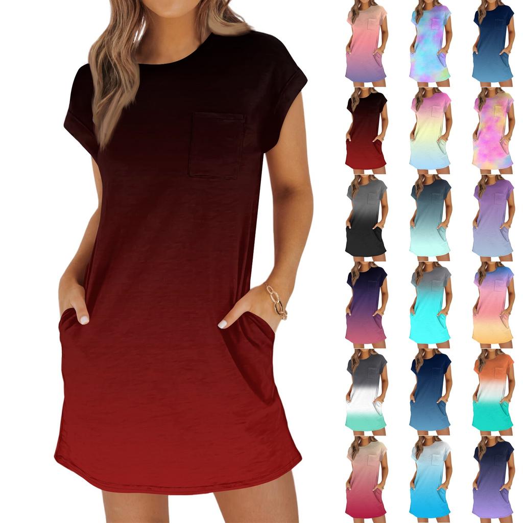 Женское модное повседневное летнее платье с градиентным принтом, коротким рукавом, круглым вырезом и карманами