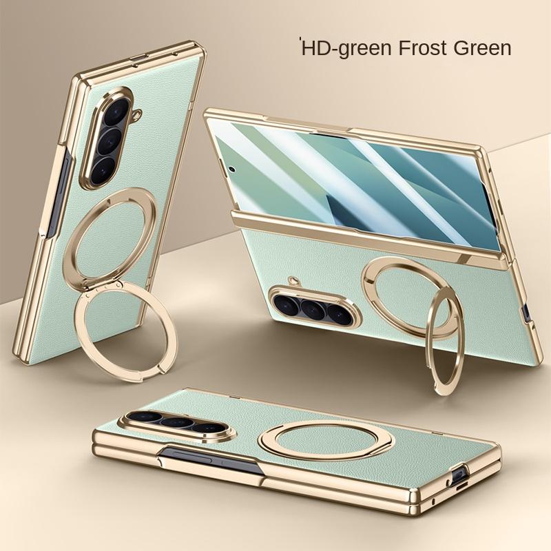 Для Samsung Galaxy Z Fold 7 Кожаный 360° Поворотный Держатель Магнитное Закаленное Стекло Передняя Пленка Противоударный Чехол для Телефона с Поддержкой Отпечатков Пальцев