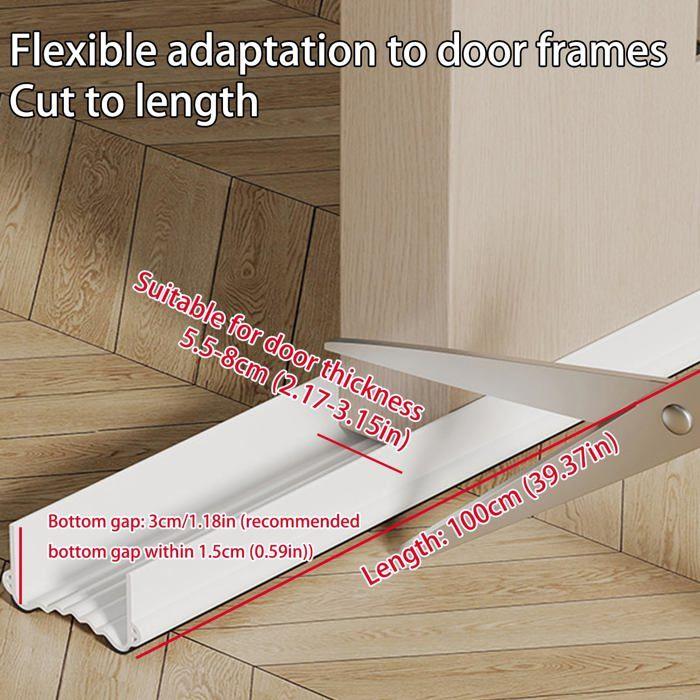 Joint de bas de porte isolant 1 m, PVC souple blanc, largeur 5,5–8 cm — anti-bruit et anti-froid