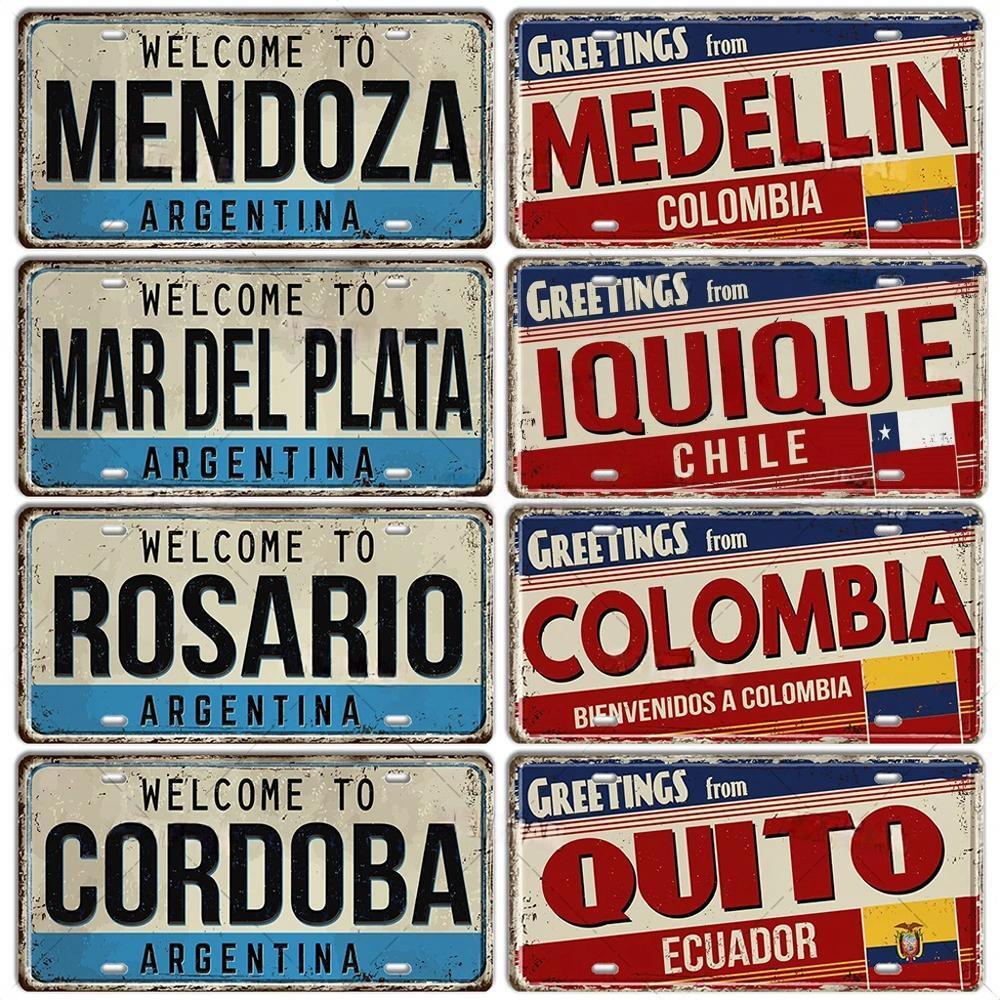 Chile Argentina Ecuador Colombia License Plate Landmark Metal Sign City State Decorative Car Plate Garage Club Bar Wall Decor