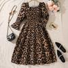 Платье для девочек, Осенняя детская мода, Элегантное платье с длинным рукавом и леопардовым принтом