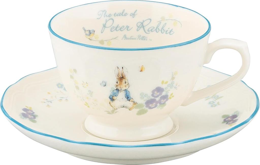 Yamaka Shoten Peter Rabbit Teacup & Saucer, 220ml, Approx. 9x6cm Diameter, Shabby Chic Flower Design, White, PR651-28
