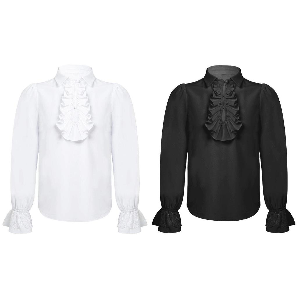 Рубашка в стиле Ренессанс для мальчиков с длинными рукавами, кружевными манжетами, застежкой на пуговицы спереди, однотонный винтажный костюм