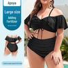 Plus Size Ruffle Sleeve High Waist Bikini Swimwear - Solid Color Two-Piece