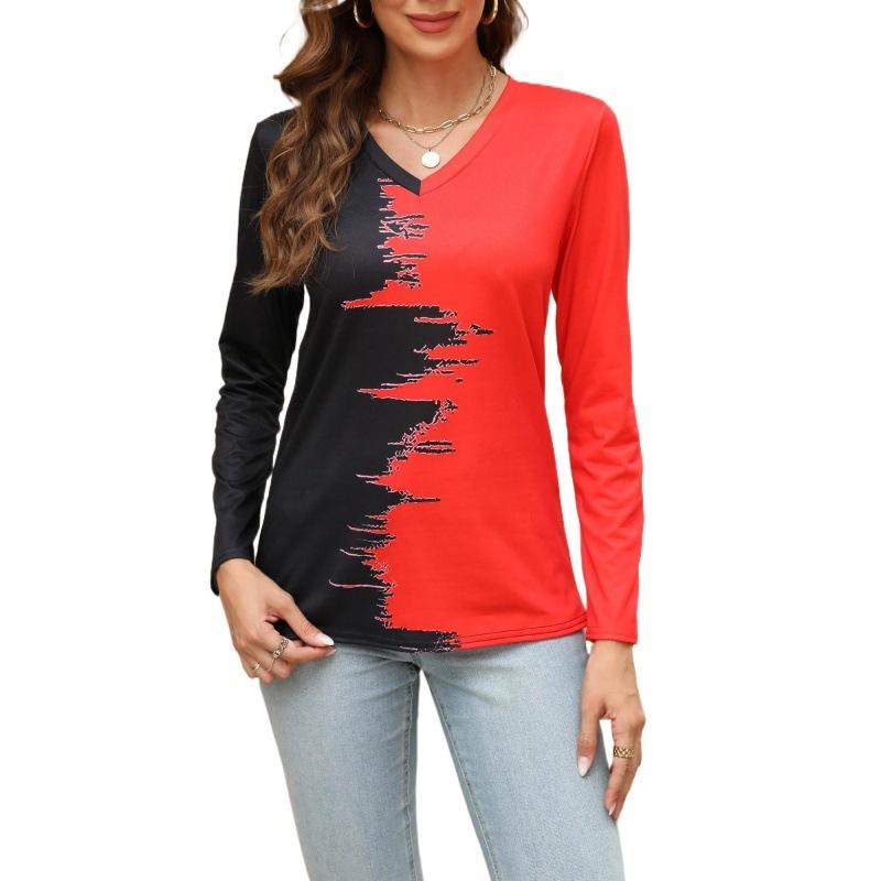 Весенне-осенняя женская блузка с v-образным вырезом и принтом, топ с длинными рукавами