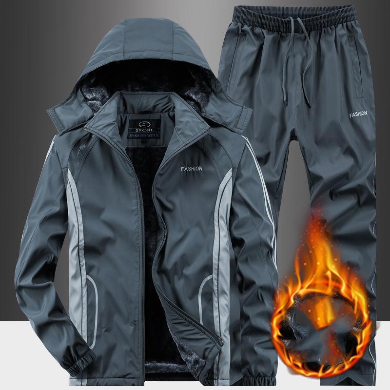 Мужской комплект из 2 предметов для снега больших размеров: кардиган с капюшоном и длинными рукавами + теплые штаны