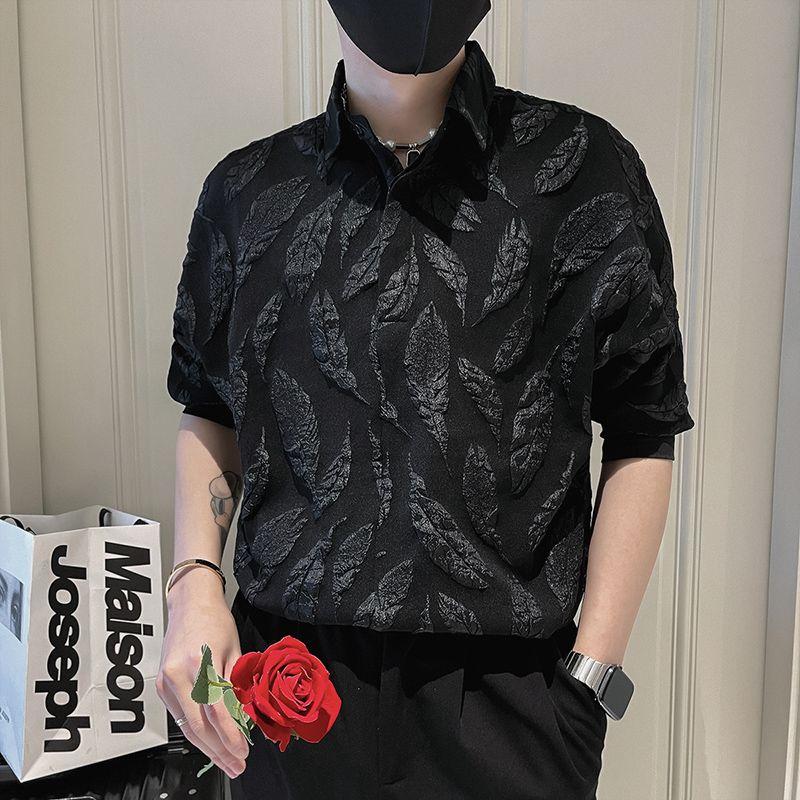 Стильные базовые рубашки с жаккардовым переплетением, мужская одежда, однотонные, летние, деловой кэжуал, рукав 3/4, свободные, с отложным воротником
