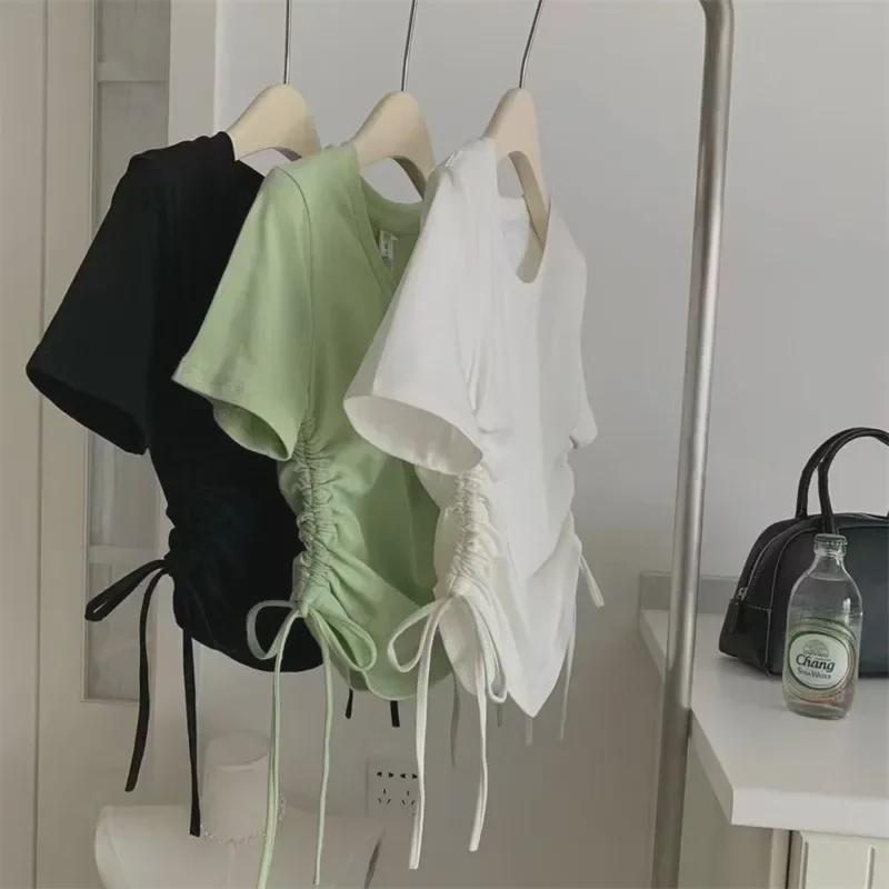 Женская тонкая однотонная футболка с коротким рукавом и завязками - корейский стиль