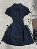 Aesthetic Gothic Vintage Skinny One Piece Dress Preppy Style Elegant Lace Blue Shirt Dress 90s Japanese Sweet Bow Short Dresses