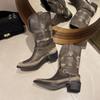 Осенне-зимние ретро-ковбойские сапоги для женщин с толстой подошвой Mordern Botas Fashion Slip on Rivet Chain Женские повседневные короткие сапоги D27