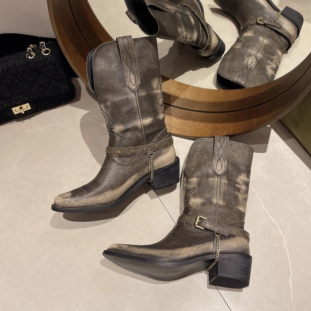 Осенне-зимние ретро-ковбойские сапоги для женщин с толстой подошвой Mordern Botas Fashion Slip on Rivet Chain Женские повседневные короткие сапоги D27