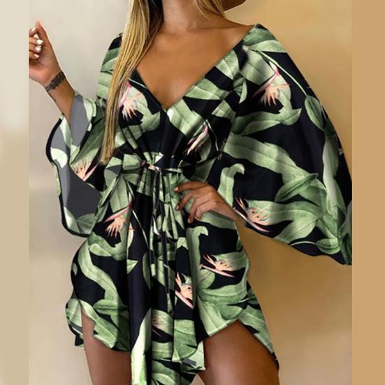 Asymmetrical Hem Elegent Beauty Lady Dress Tropical Print Sexy Women Dress Tie Front V Neck Mini Dress Beachwear