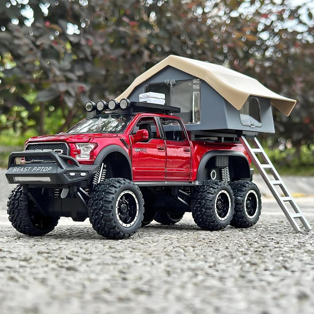 1/24 Ford F150 Raptor Diecast Trucks,  F150 Pickup Truck with Sightseeing Cabin, Pull Back Truck Toys with Light and Sound for Kids Ages 4-8