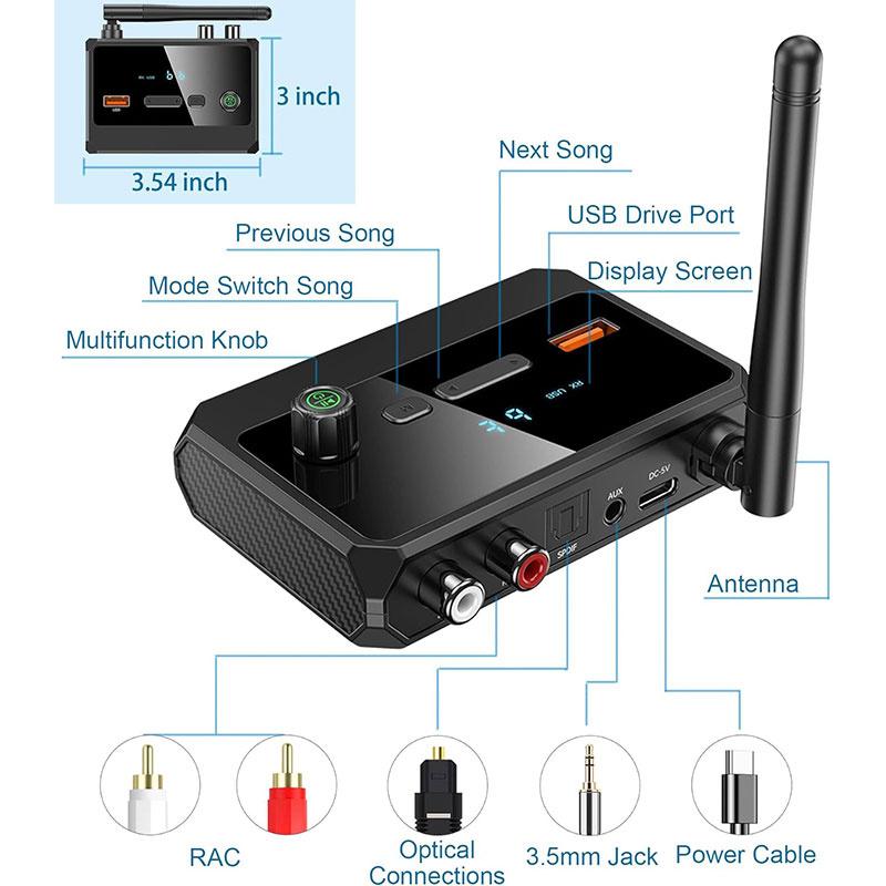Bluetooth 5.3 аудио приемник беспроводной поддержки U-диск аудио адаптер с Aux 3.5 мм RCA оптический разъем для автомобиля ТВ ПК колонки