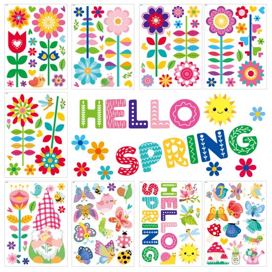9 Sheets Hello Spring Window Clings Floral Gnome Butterfly Birds Bees Glass Stickers Reusable Static PVC Decals for Home Classroom Office Decor