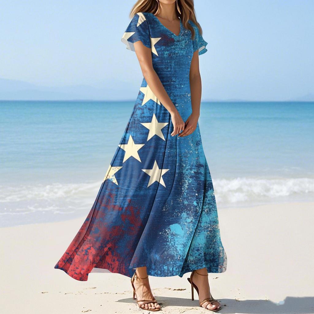 Женские летние повседневные модные платья с принтом ко Дню независимости, платья с коротким рукавом и V-образным вырезом