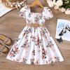Summer New Bubble Sleeves Romantic Flower Countryside Vacation Style Dress for Middle School Children and Girls with Woven Belt