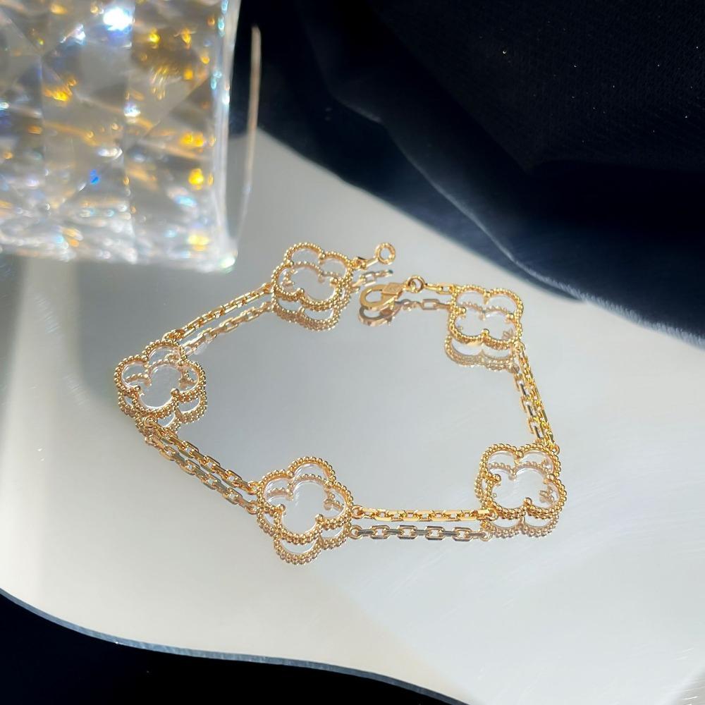 Браслет «Четырехлистный клевер» с пятью цветками, версия High, натуральный фиолетовый халцедон, лазерная CNC-резьба, 18 карат, не тускнеющий, женский браслет