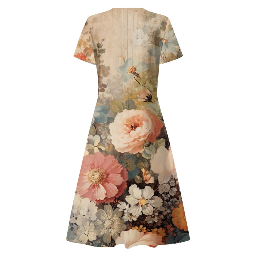 Летние повседневные платья для женщин, свободный сарафан с коротким рукавом, платье-футболка с цветочным принтом