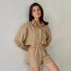Khaki Cotton Linen Shorts Sets Women Spring Causal Long Sleeve Lapel Crop Shirt Lace-Up Wide Leg Shorts Simple Suits