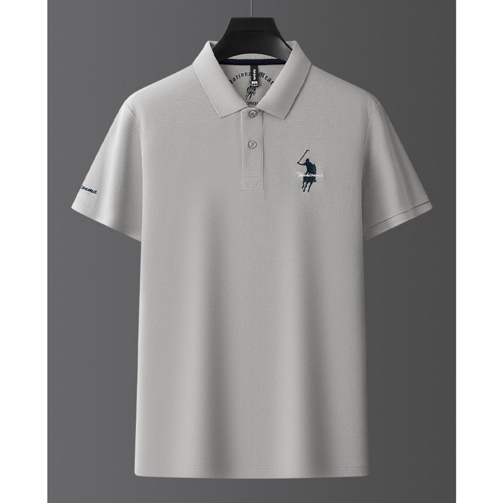 Trend Hub Роскошная вышивка Мужская рубашка поло Тонкая дышащая 100% хлопок Черный Темно-синий Лацкан С коротким рукавом Топы Брендовая одежда