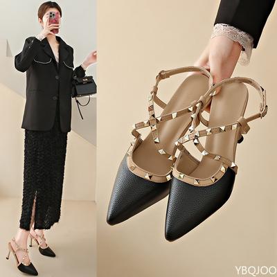 2025 Лето Новые Женские Кожаные Пу Клепки Высокие Каблуки Вечеринка Бал Высокие Каблуки Мода Телесный Цвет Сексуальные Высокие Каблуки Сандалии Женские