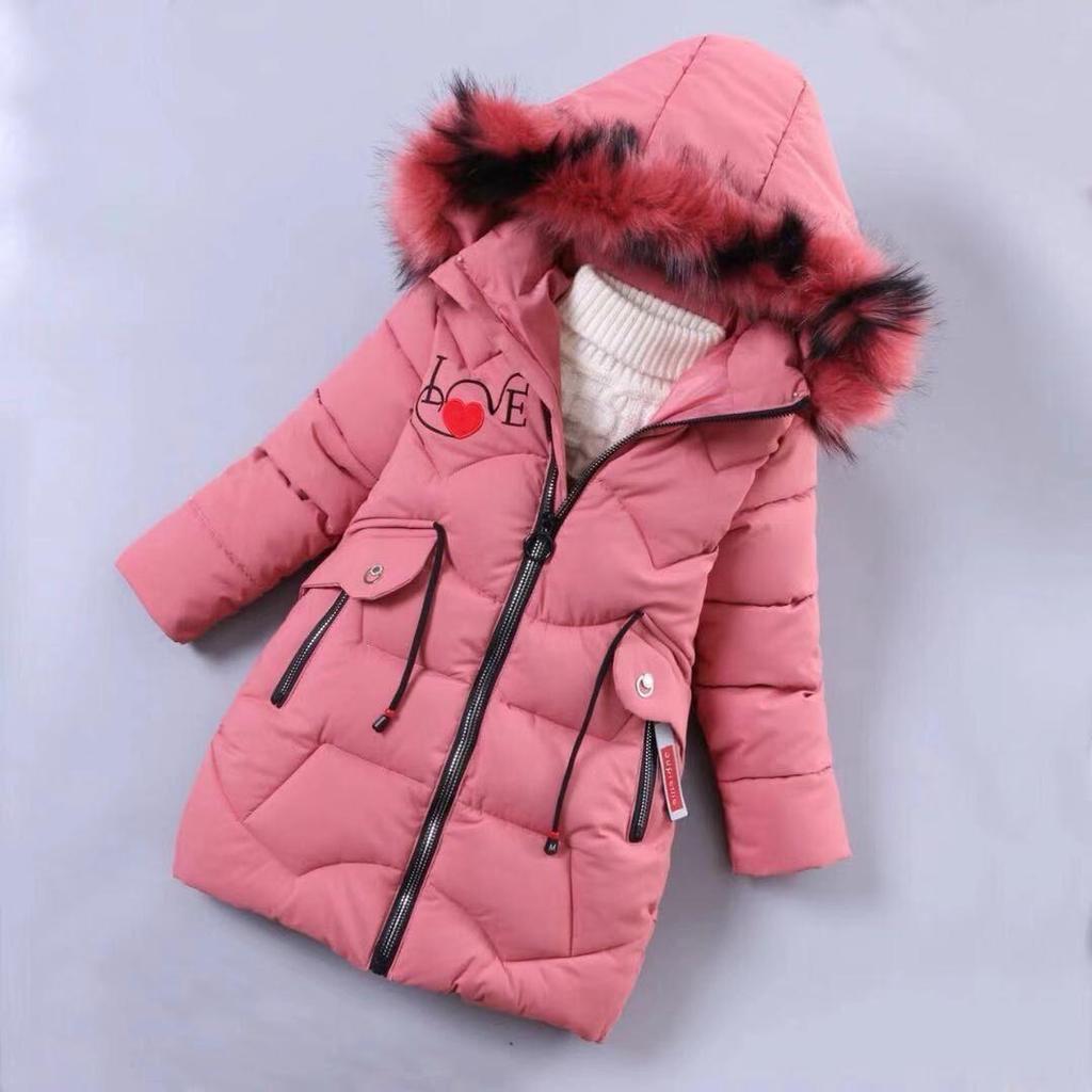 Winter Girls' Cotton Jacket Thick Keep Warm Winter Girls Jacket Fur Collar Heart Pattern Padded Detachable Hat Hooded Heavy Coat for Children