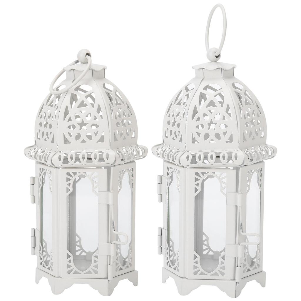 2Pcs Candlestick Ornaments White Transparent Romantic Castle Iron Hanging Candle Holder