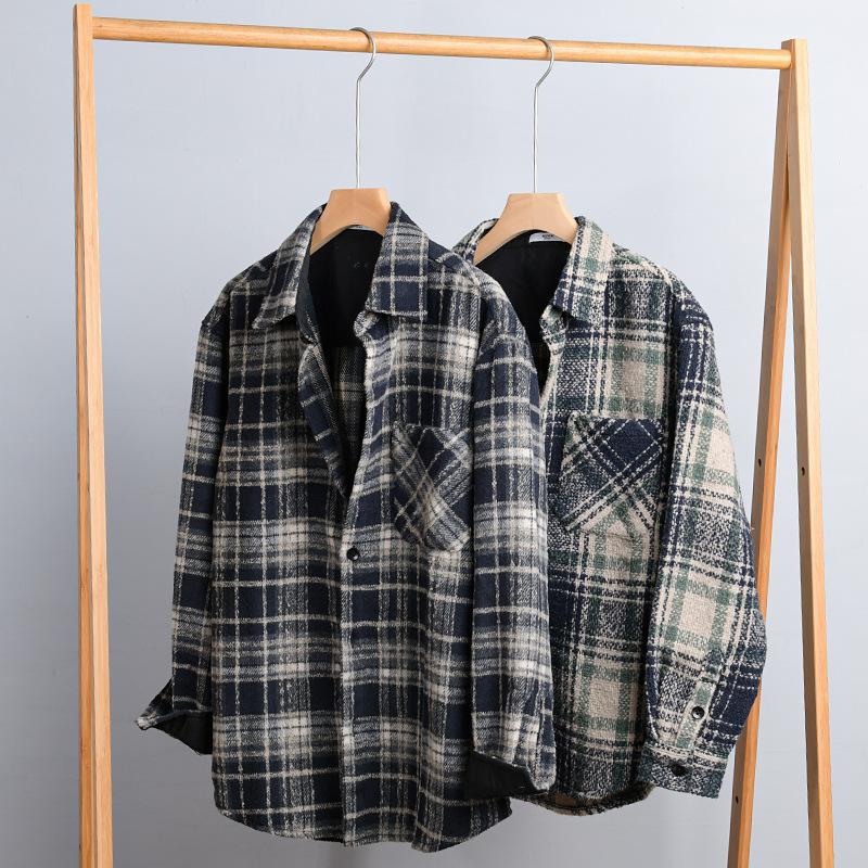 Осенне-зимняя мужская одежда в стиле ретро с длинным рукавом, клетчатая рубашка свободного покроя с карманом, повседневная мужская рубашка