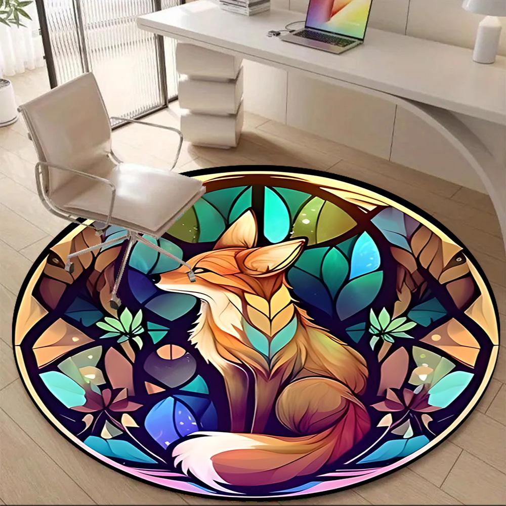 1pc Stained Glass Fox Office Round Area Rug, Indoor Mat Suitable ForOffice, Under Office Chairs Bedroom Living Room Home Decor, Room Deco D049