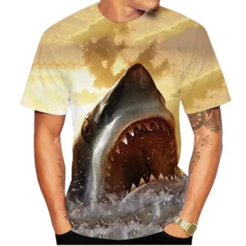 Summer Horror Great White Short Sleeve Fun 3D Colorful Printed Men's T-shirt Plus Size Loose Everyday Casual Comfortable Round-neck T-shirt