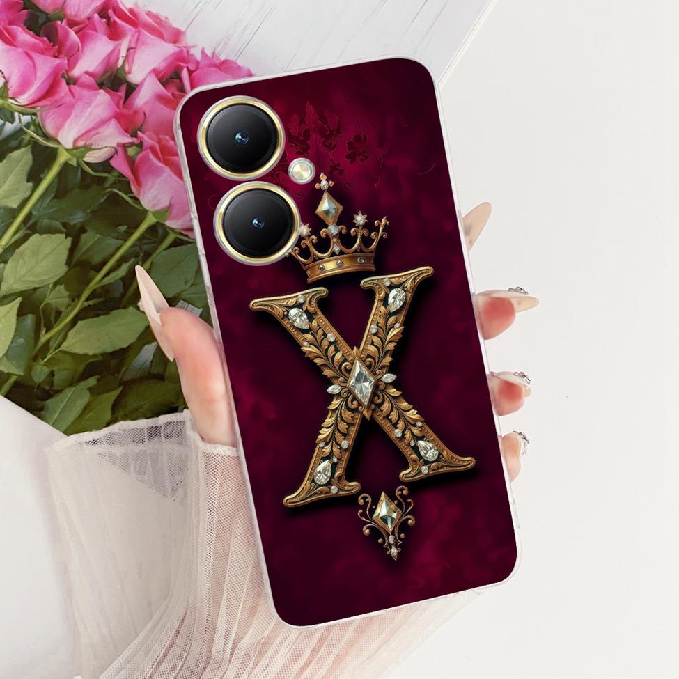 Чехол для Vivo Y35 Plus V2279A Прозрачный Роскошная Корона Буквы от A до Z 2D Плоский Рисунок Мягкий Чехол для Телефона Для Vivo Y35+