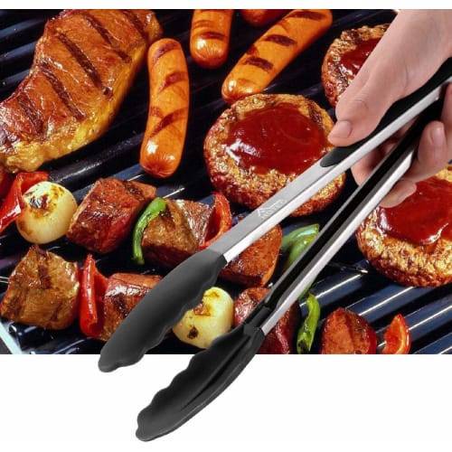 Hotec Tongs, Stainless Steel Kitchen Tongs, Silicone Tongs for BBQs and Grills, Heat-Resistant, Antibacterial, Lockable Storage, Set of 2 (Black), 23c