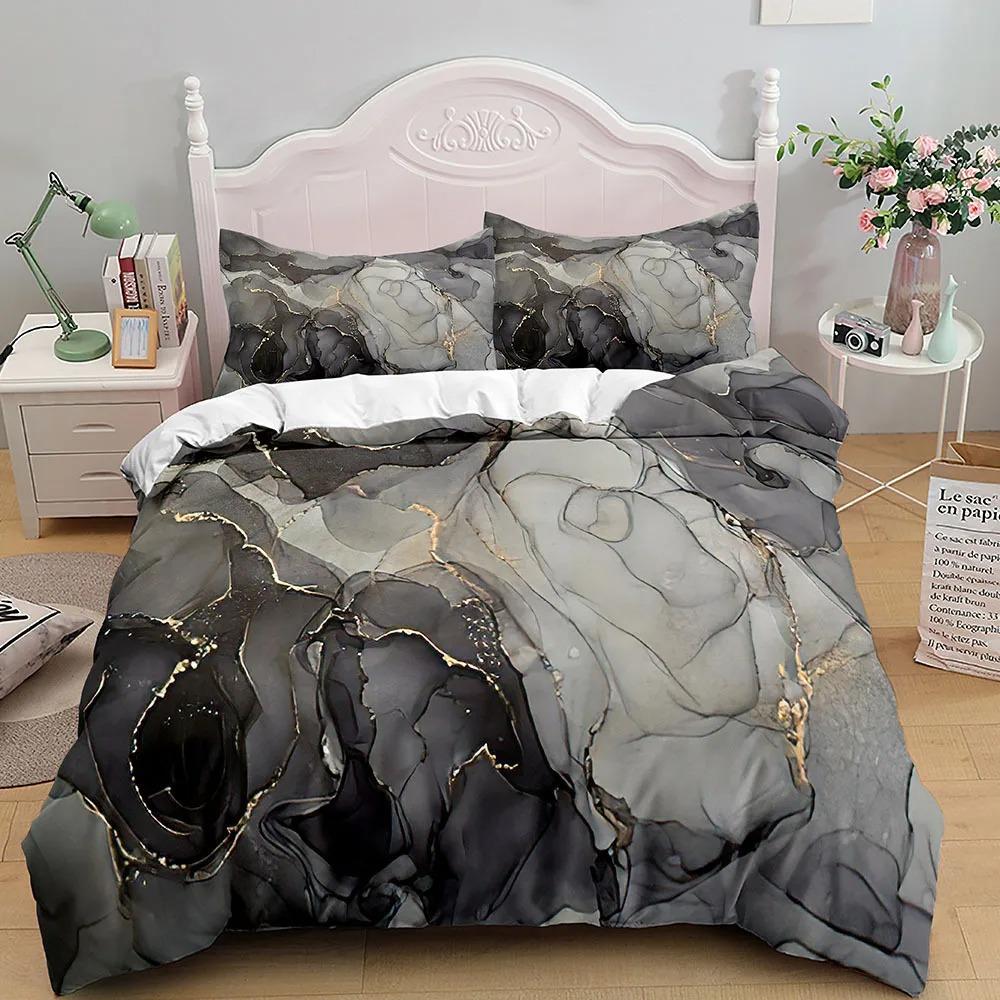 Marble Bedding Set King Queen Size Grey Gold Duvet Cover Modern Abstract Art Gothic Soft Quilt Cover for Adults