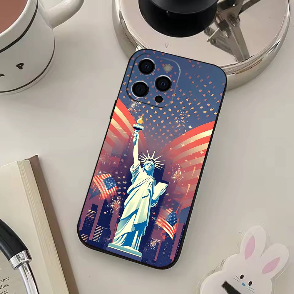 Чехол для телефона Статуя Свободы Флаг Америки США Для iPhone 17,16,15,14,13,12,11 Plus,Pro Max,XS,Мягкий Черный Чехол
