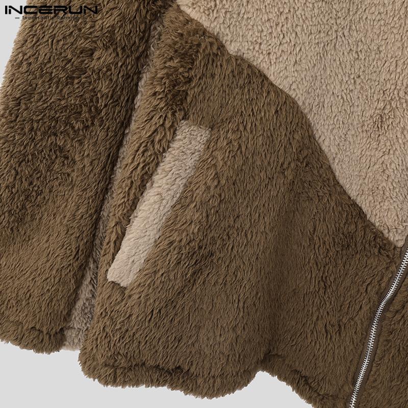 INCERUN Мужские толстовки с длинным рукавом и молнией с мехом, повседневные толстовки с высоким воротом в стиле пэчворк